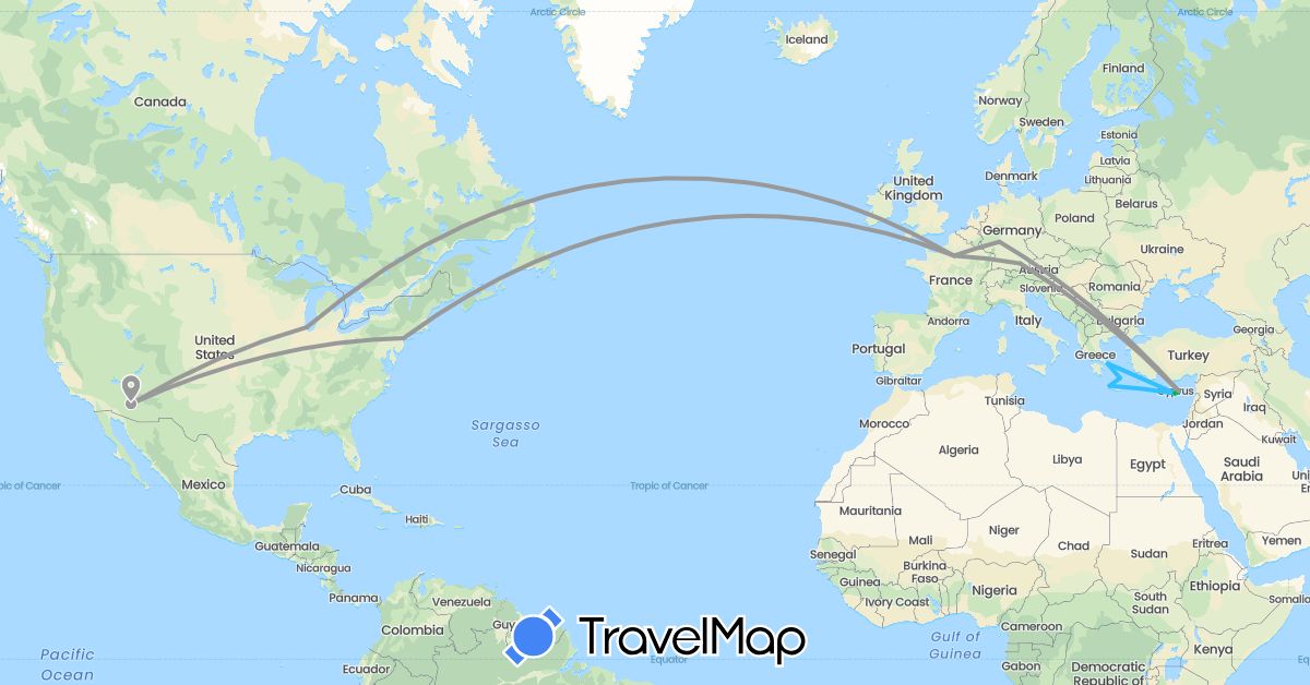 TravelMap itinerary: driving, bus, plane, boat in Cyprus, Germany, France, Greece, United States (Asia, Europe, North America)
